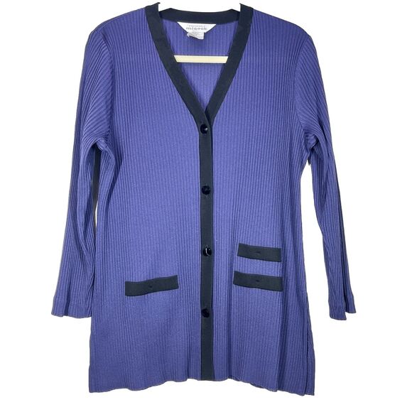 Misook Women Sz M Purple Ribbed Long Sleeve Button Front Cardigan Black Trim - Picture 1 of 11